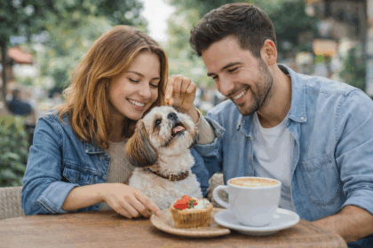 Pareja en un café pet friendly disfrutando una salida con su perro